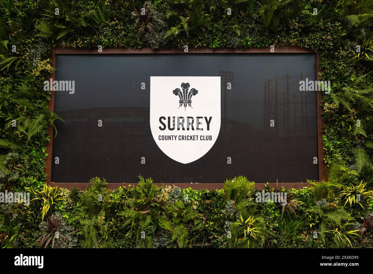 London. 27th Apr 2024. General view of the stadium Surrey County Cricket Club sign on the second day of the County Championship Division One match between Surrey and Hampshire at the Kia Oval. Credit: Matthew Starling / Alamy Live News Stock Photo