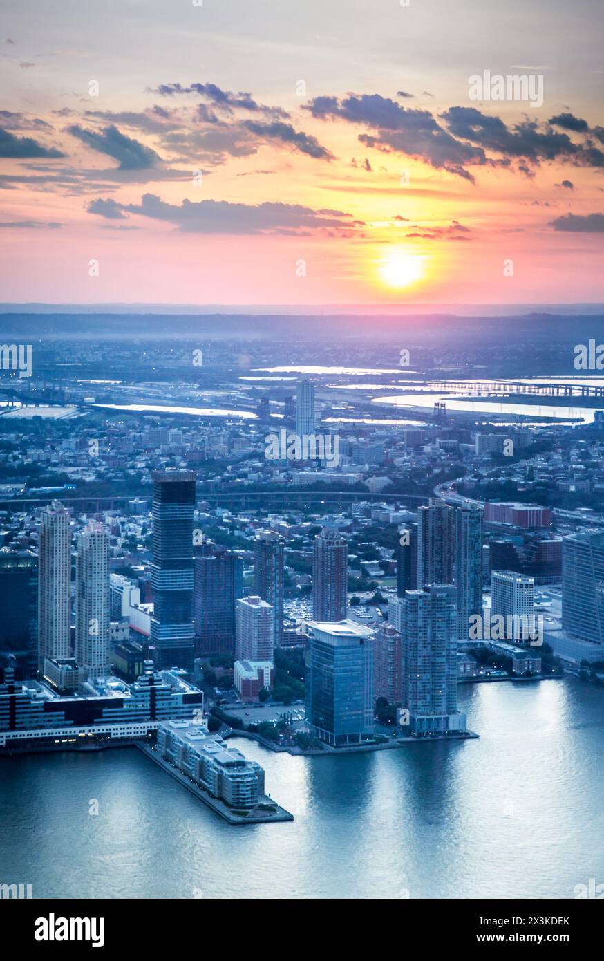 Jersey City skyline seen at sunset from above with colorful sunset Stock Photo