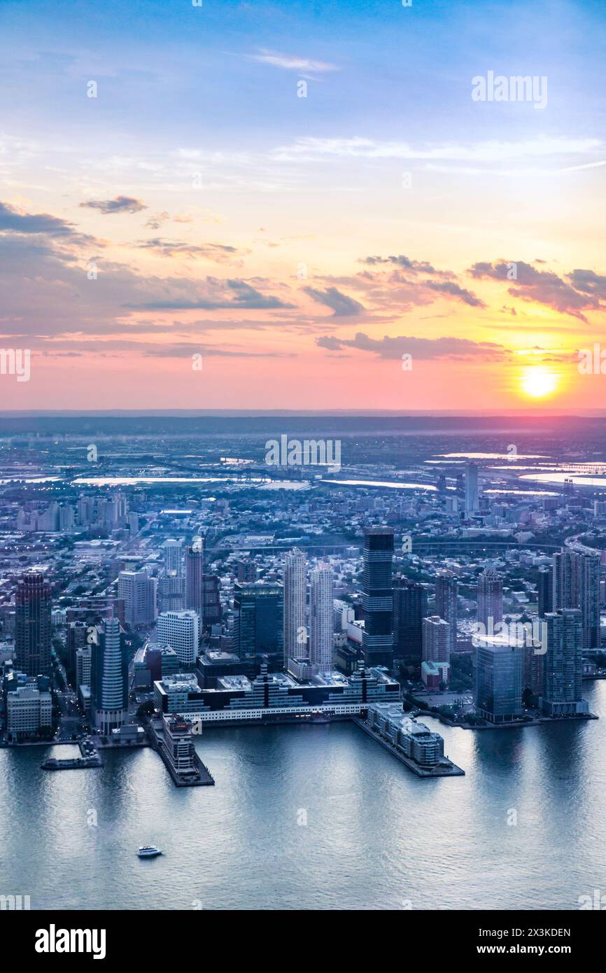 Jersey City skyline seen at sunset from above with colorful sunset Stock Photo