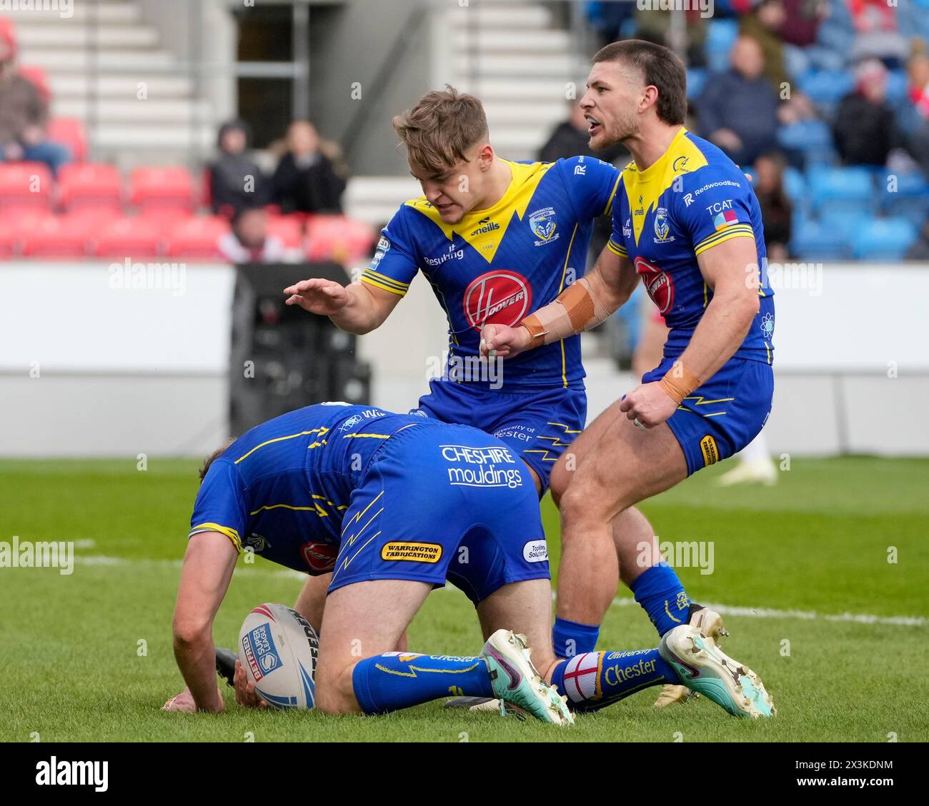 Eccles, UK. 31st Aug, 2023. Leon Hayes and Danny Walker of Warrington Wolves celebrate with try scorer James Harrison of Warrington Wolves during the Betfred Super League Round 9 match Salford Red Devils vs Warrington Wolves at Salford Community Stadium, Eccles, United Kingdom, 27th April 2024 (Photo by Steve Flynn/News Images) in Eccles, United Kingdom on 8/31/2023. (Photo by Steve Flynn/News Images/Sipa USA) Credit: Sipa USA/Alamy Live News Stock Photo