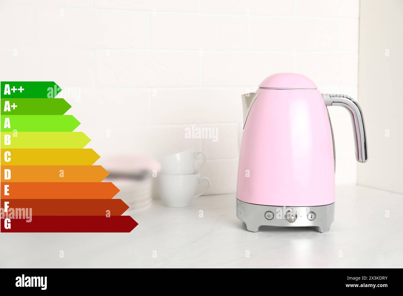 Energy efficiency rating label and electric kettle indoors Stock Photo