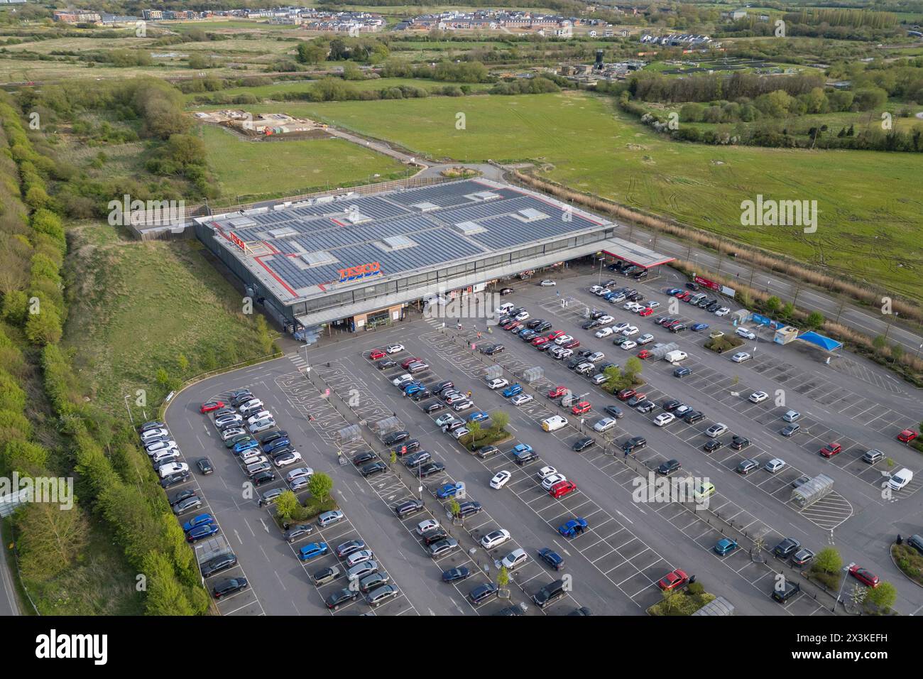 Aerial view of the Tesco Superstore and car park, Bicester, Oxfordshire, UK. Stock Photo