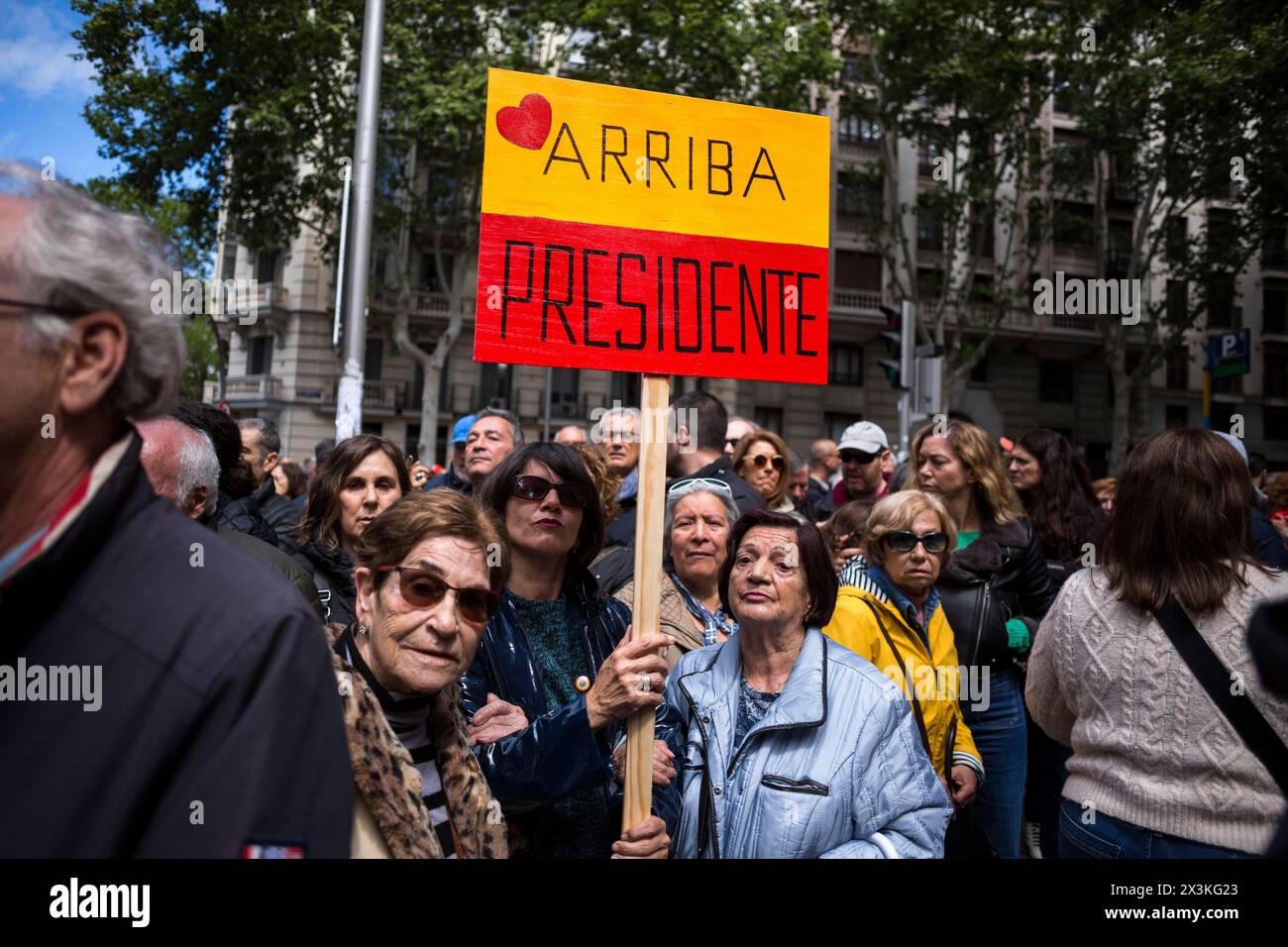 Protesters hold a placard that reads in Spanish 'Up President', during a demonstration on Ferraz Street in Madrid, in support of Pedro Sanchez to continue in the position of president of the government. Pedro Sanchez, canceled his public agenda for four days and reflects on his continuity as head of the Executive. The Federal Committee of the Spanish Socialist Workers Party (PSOE) held a meeting and demonstrated at the national headquarters on Ferraz Street in Madrid to show support for the party's general secretary and president of the Government of Spain Pedro Sanchez. Stock Photo