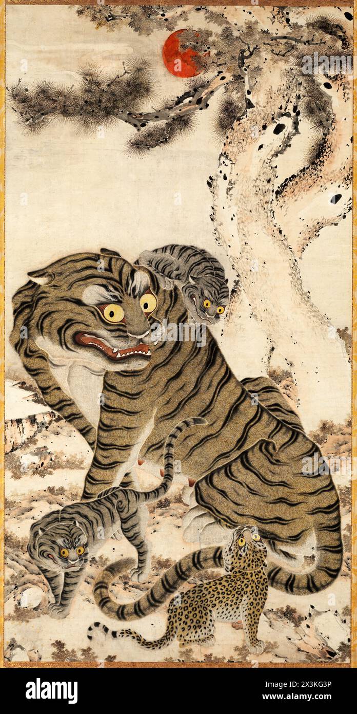 Tiger Family 호랑이 가족도 (虎家圖 . Korea. Late 1800s, Joseon dynasty. Hanging scroll; ink and colour on paper. Stock Photo