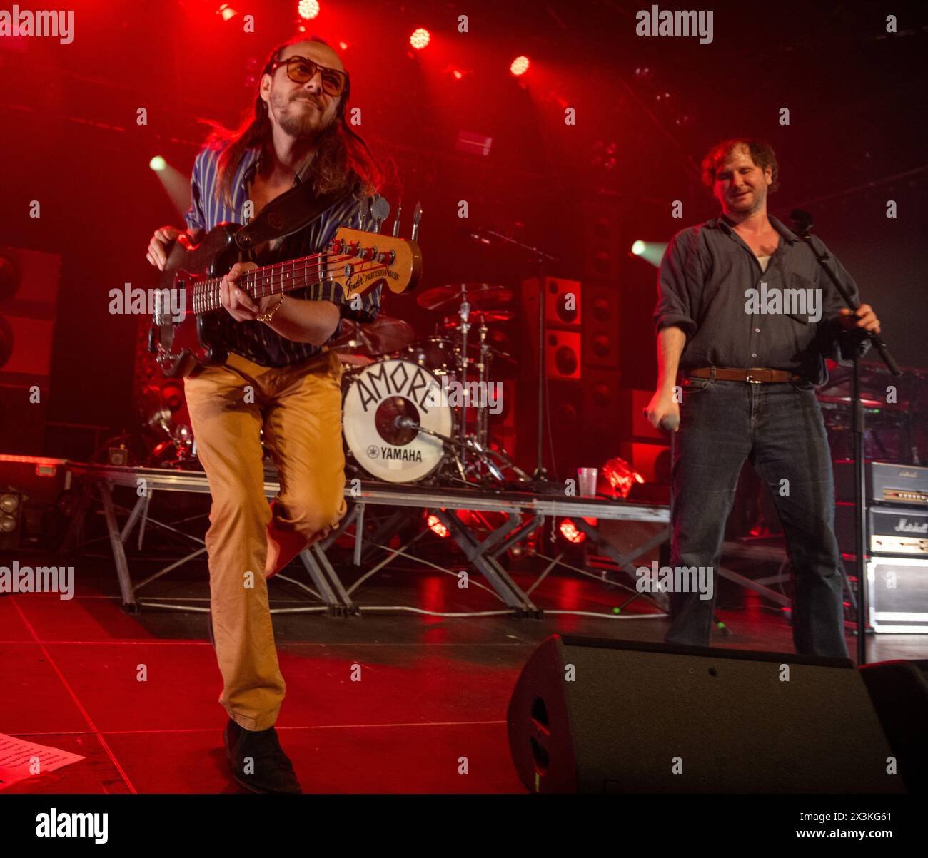 Ulm, Germany. 27th Apr, 2024. Bassist Reinhold Weber (l) and singer Marco Michael Wanda on stage at the Roxy. The band Wanda kicked off their 'Ende nie' tour in Germany there. Credit: Stefan Puchner/dpa/Alamy Live News Stock Photo