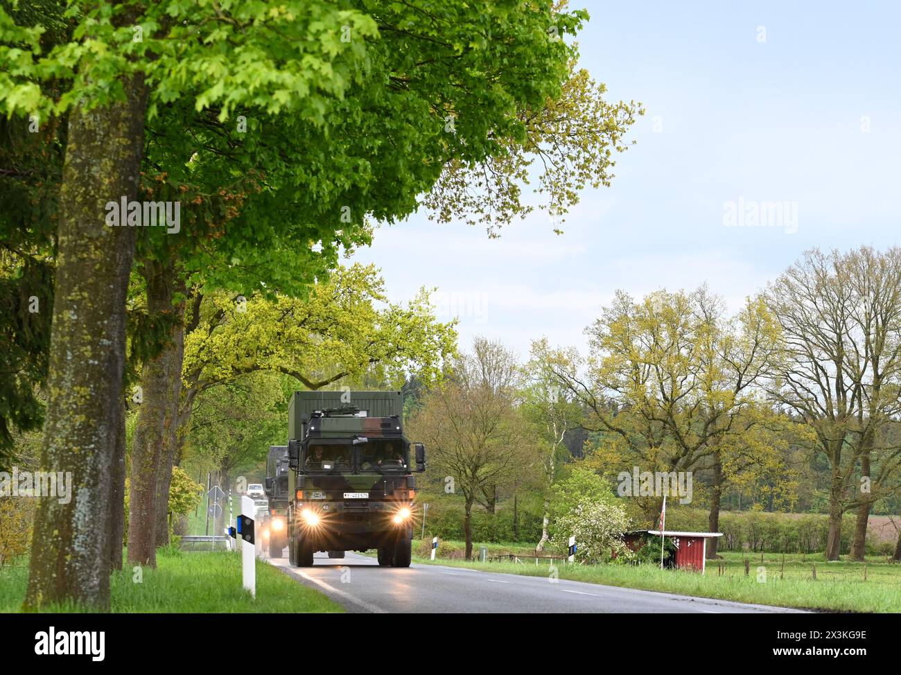 27 April 2024, Bremervörde: In the evening, several Bundeswehr transporters arrived in Elm, a district of Bremervörde. Six-year-old Arian from Elm in Bremervörde is still missing and the search for him is continuing. Photo: Lars Penning/dpa Stock Photo