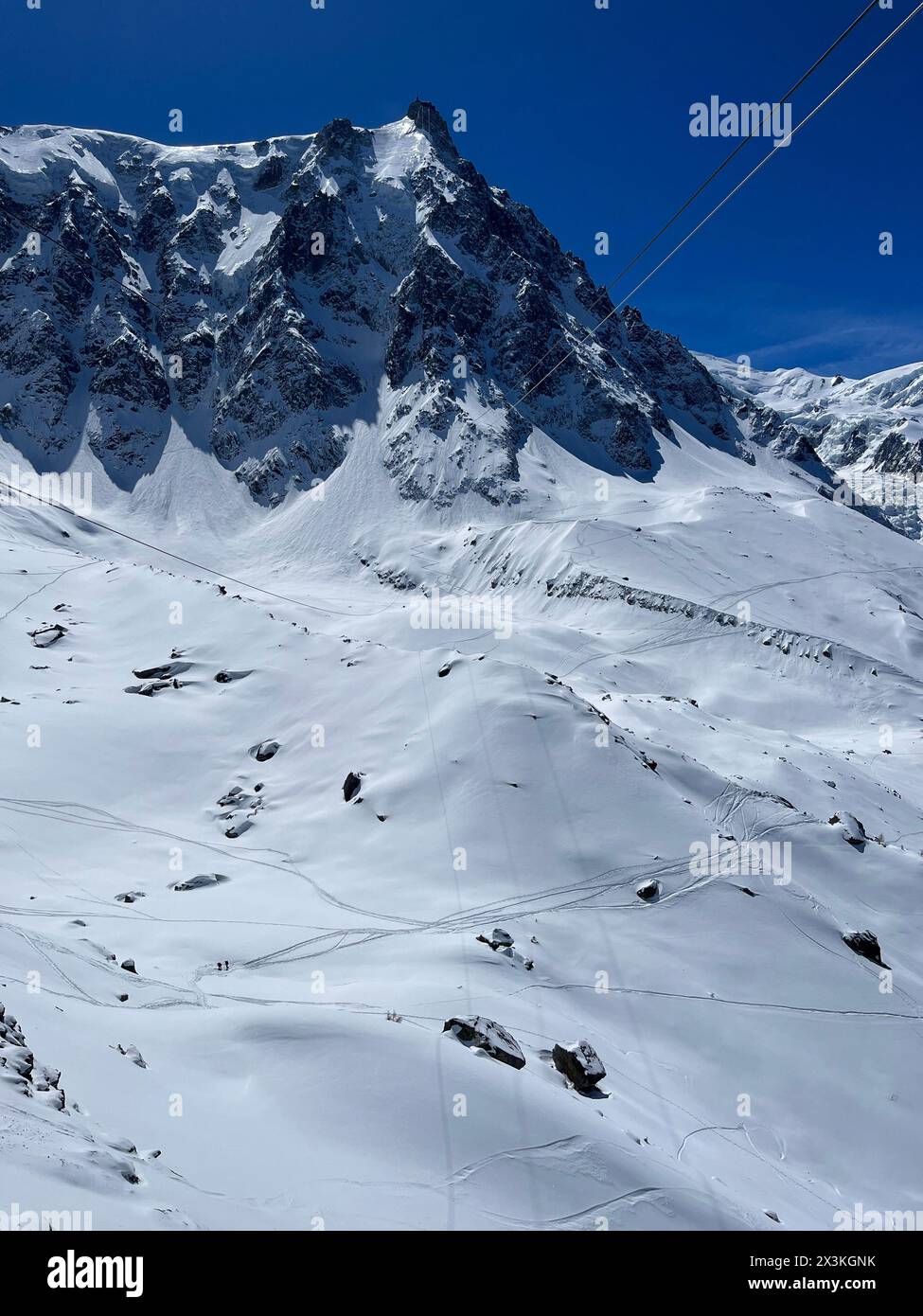 Chamonix, Haute-Savoie, France: panoramic view from the station of the cable car of L’Aiguille du Midi, the highest spire in the Mont Blanc massif Stock Photo