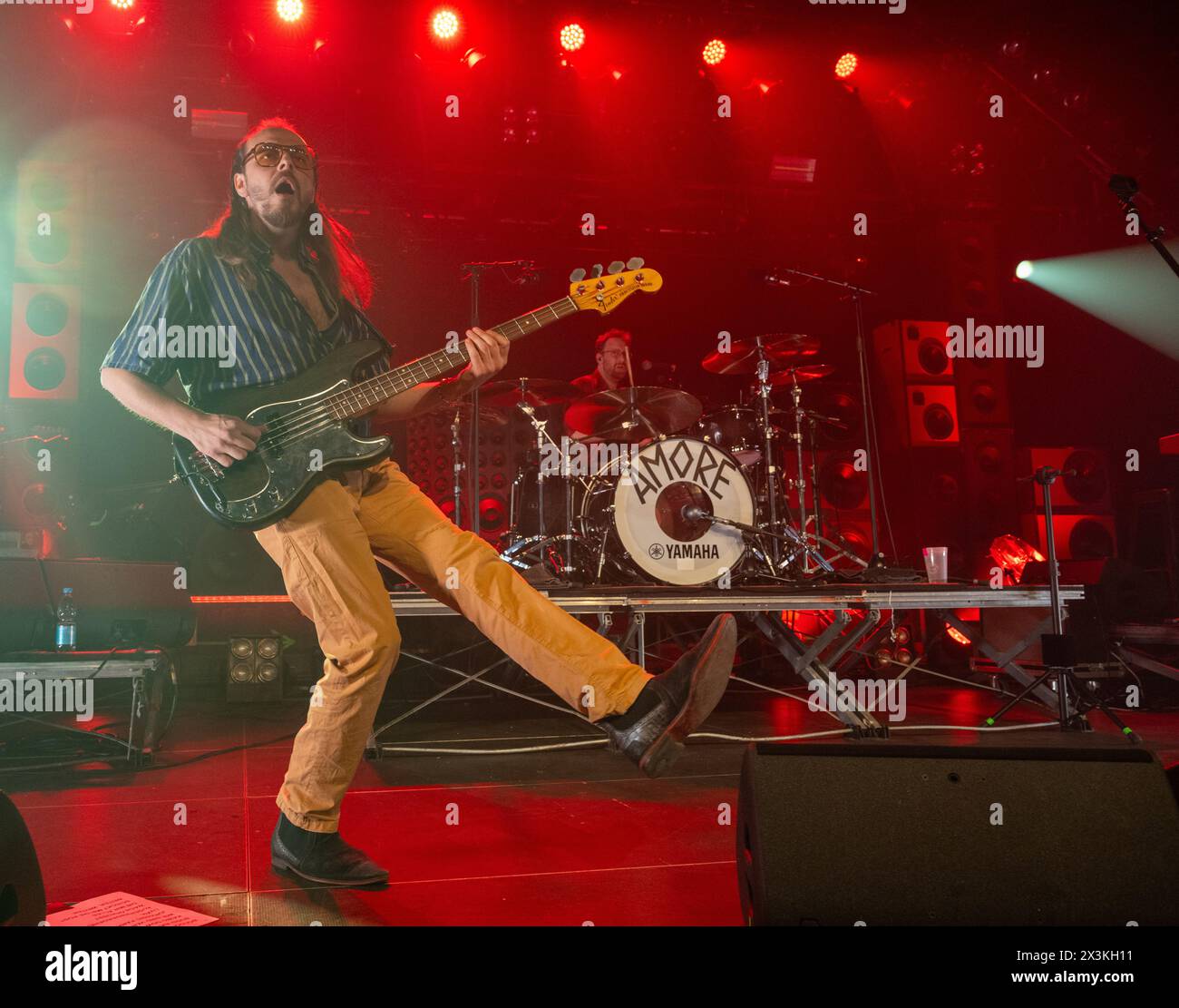 Ulm, Germany. 27th Apr, 2024. Bassist Reinhold Weber on stage at the Roxy The band Wanda kicked off their 'Ende nie' tour in Germany there. Credit: Stefan Puchner/dpa/Alamy Live News Stock Photo