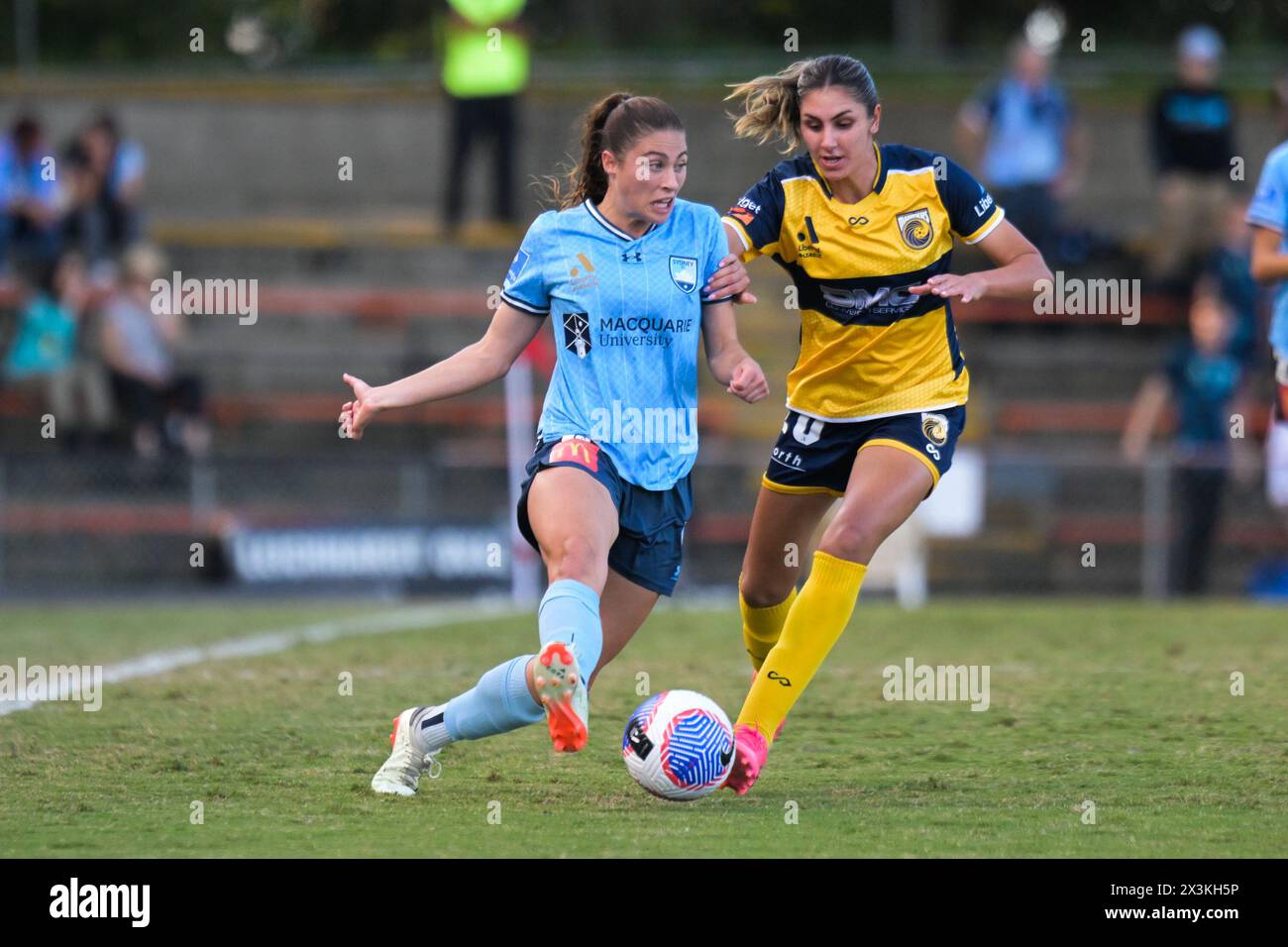 Lilyfield, Australia. 27th Apr, 2024. Margaux Marianne Chauvet (L) of Sydney FC and Rola Badawiya (R) of Central Coast Mariners FC are seen in action during the Liberty A-League 2023-24 season Semi Final match between Sydney FC and Central Coast Mariners FC held at Leichhardt Oval. Final score; Sydney FC 1 : 1 Central Coast Mariners FC. Credit: SOPA Images Limited/Alamy Live News Stock Photo