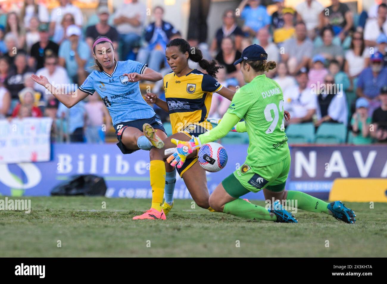 Lilyfield, Australia. 27th Apr, 2024. Shea Hastings Connors (L) of Sydney FC, Jazmin Nichole Wardlow (M) and Casey Dumont (R) of Central Coast Mariners FC are seen in action during the Liberty A-League 2023-24 season Semi Final match between Sydney FC and Central Coast Mariners FC held at Leichhardt Oval. Final score; Sydney FC 1 : 1 Central Coast Mariners FC. Credit: SOPA Images Limited/Alamy Live News Stock Photo