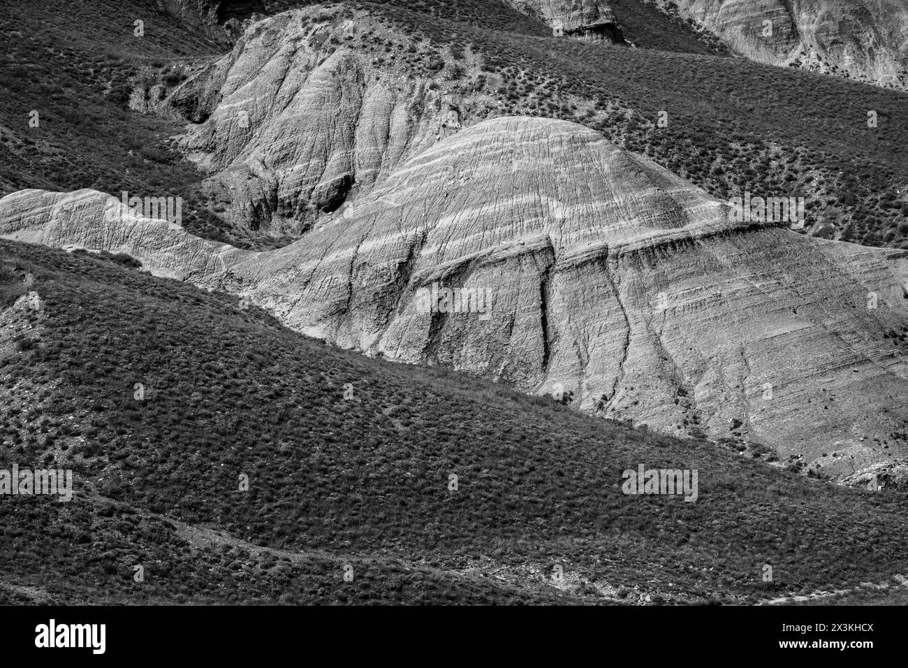 Striking black and white photo capturing the detailed textures and dramatic contours of barren hills. The image evokes a sense of solitude and rugged beauty. Stock Photo