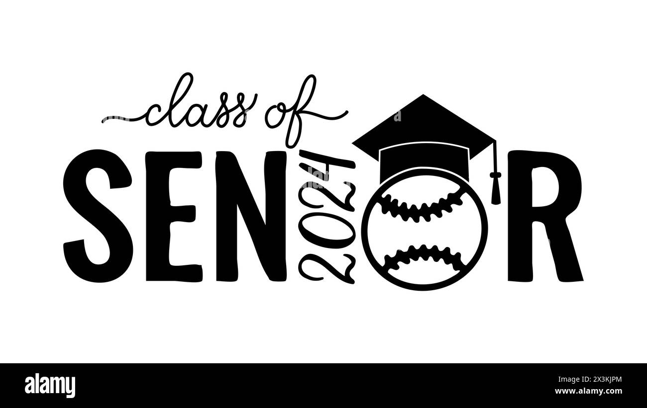 Senior class of 2024 lettering with graduation cap and baseball ball