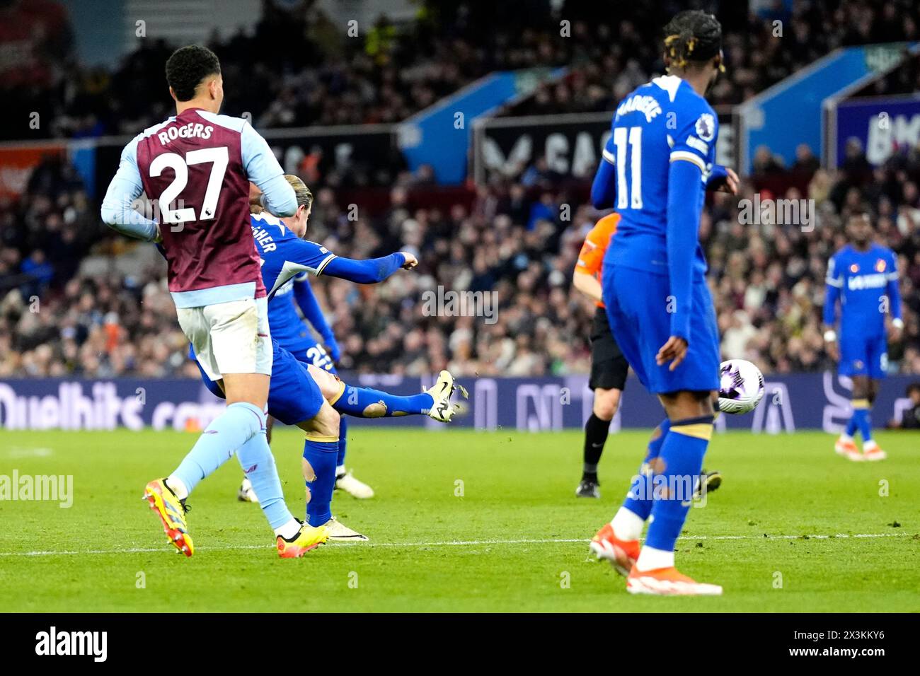 Chelsea's Conor Gallagher (left, hidden) scores their side's second goal of the game during the Premier League match at Villa Park, Birmingham. Picture date: Saturday April 27, 2024. Stock Photo