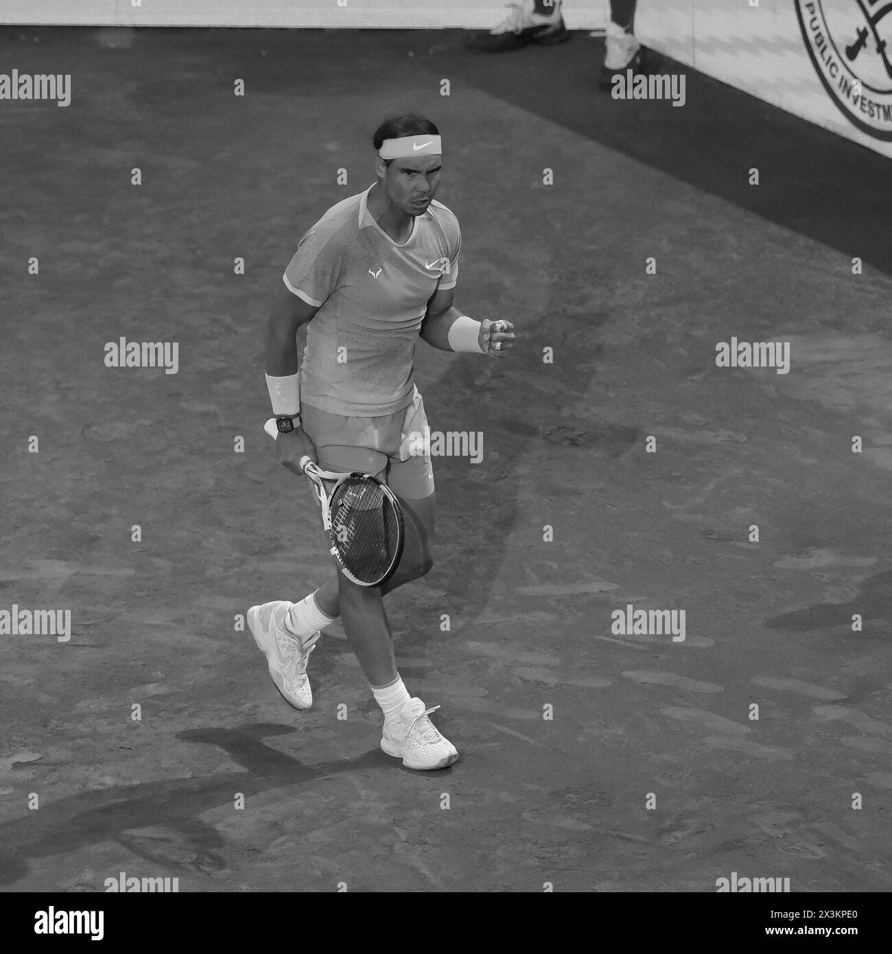 Rafael Nadal of Spain  against Alex de Minaur in the Men's Singles Round of 64 match during Day Five of the Mutua Madrid Open at La Caja Magica on Apr Stock Photo