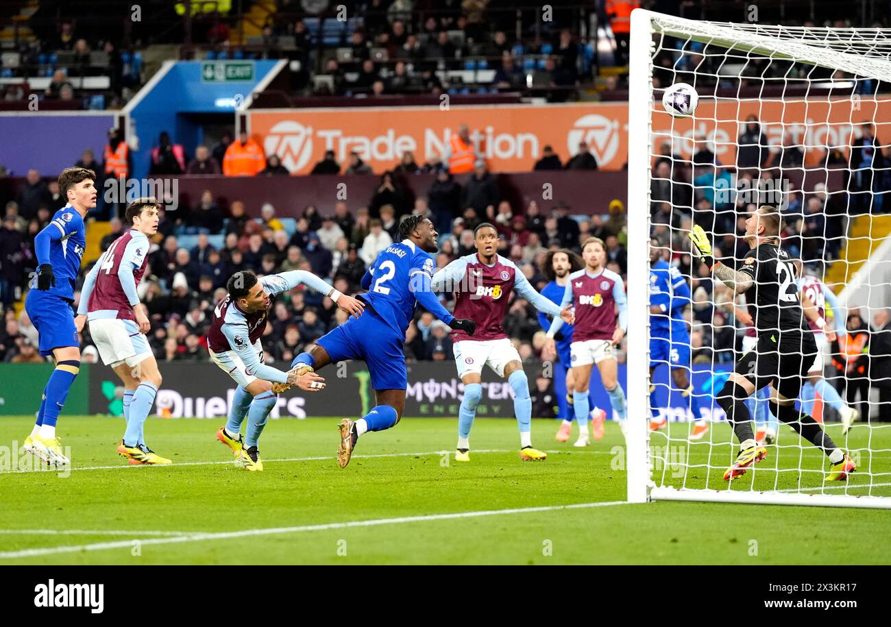 Chelsea's Axel Disasi (centre) scores their side's third goal of the game before ruled out for a foul via VAR during the Premier League match at Villa Park, Birmingham. Picture date: Saturday April 27, 2024. Stock Photo