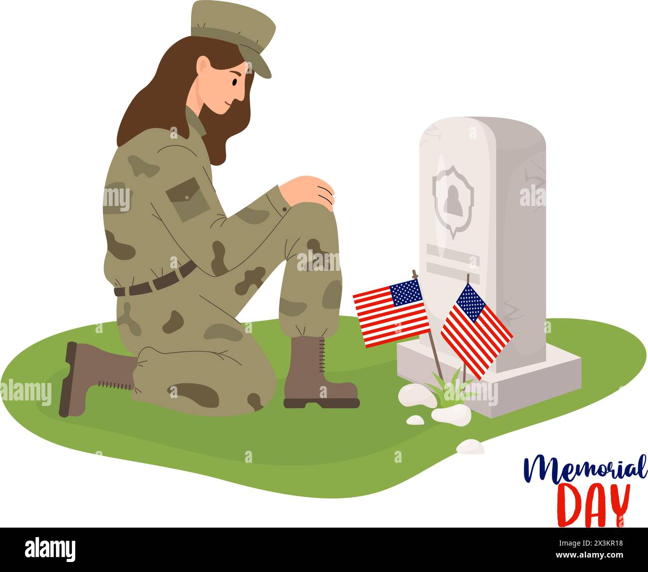 Military soldier woman on one knee in front of stone grave with ...