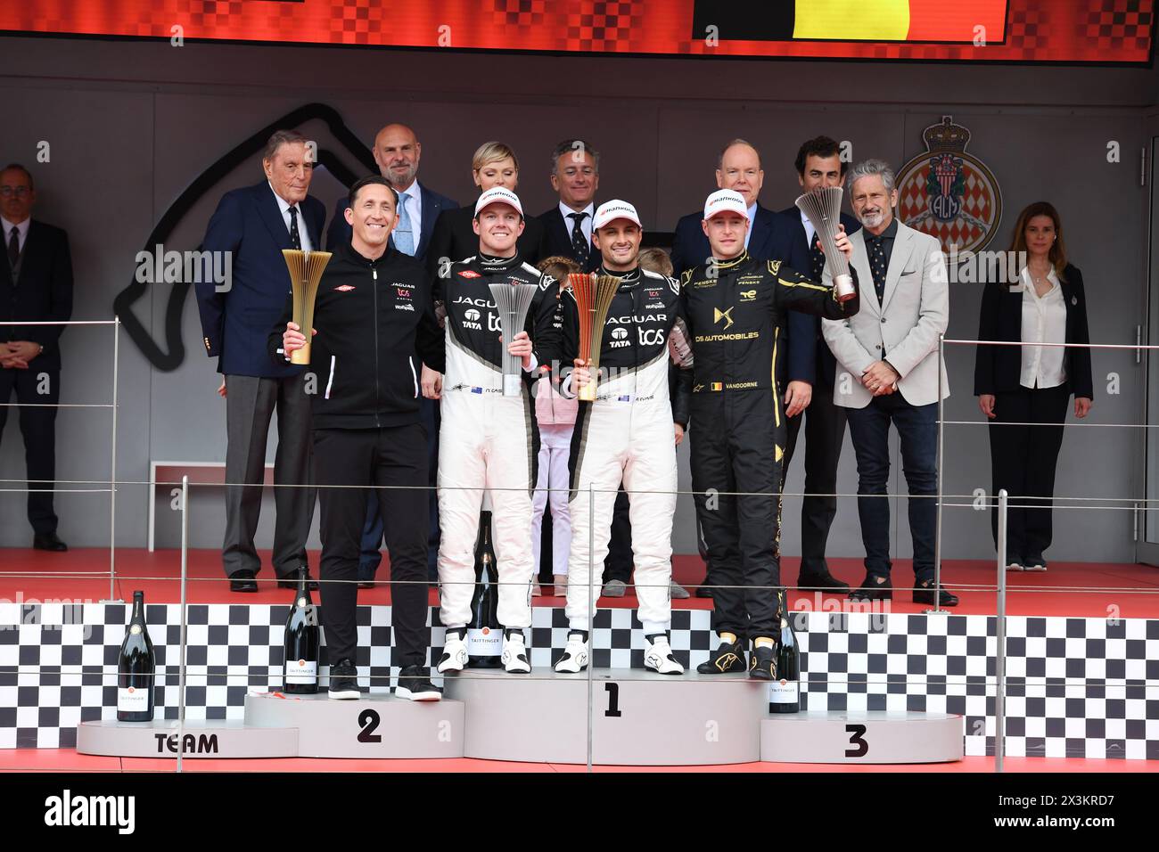 MONTE-CARLO, MONACO - APRIL 27: James Barclay, Team Director, Jaguar TCS Racing, Nick Cassidy, Jaguar TCS Racing, 2nd position, Mitch Evans, Jaguar TCS Racing, 1st position, and Stoffel Vandoorne, DS Penske, 3rd position, on the podium during the Monaco E-Prix, round 8 of the 2024 FIA Formula E World Championship at Circuit de Monaco on April 27, 2024 in Monte Carlo, Monaco. Credit: Media Pictures /Alamy Live News Stock Photo