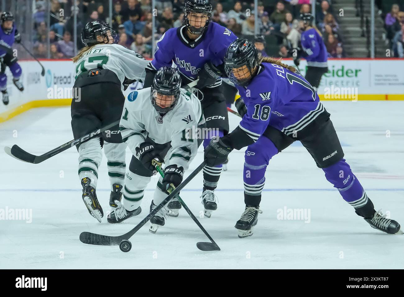 St. Paul, Minnesota, USA. 27th Apr, 2024. Boston forward ALINA MÃœLLER (11) and Minnesota Forward BRITTYN FLEMING (18) battle for the puck during a PWHL hockey game between Minnesota and Boston at Xcel Energy Center. Boston won 2-1. (Credit Image: © Steven Garcia/ZUMA Press Wire) EDITORIAL USAGE ONLY! Not for Commercial USAGE! Stock Photo
