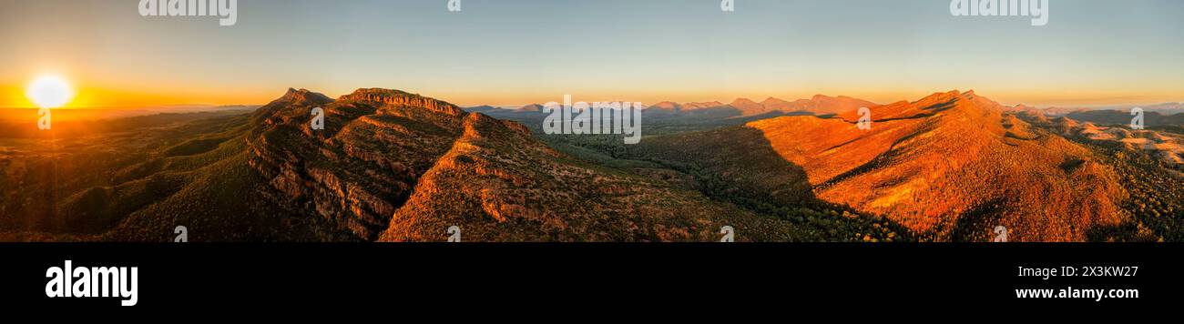 Scenic wide aerial landscape of WIlpena Pound rock formation peaks at ...