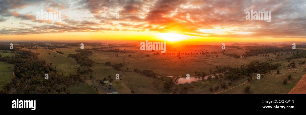 Sunlit scenic aerial panorama of Western plains at Dubbo regional city in NSW of Australia at sunrise. Stock Photo