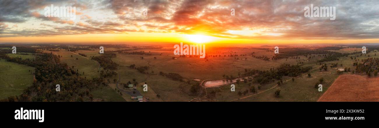 Scenic aerial panorama of Western plains at Dubbo regional city in NSW of Australia at sunrise. Stock Photo