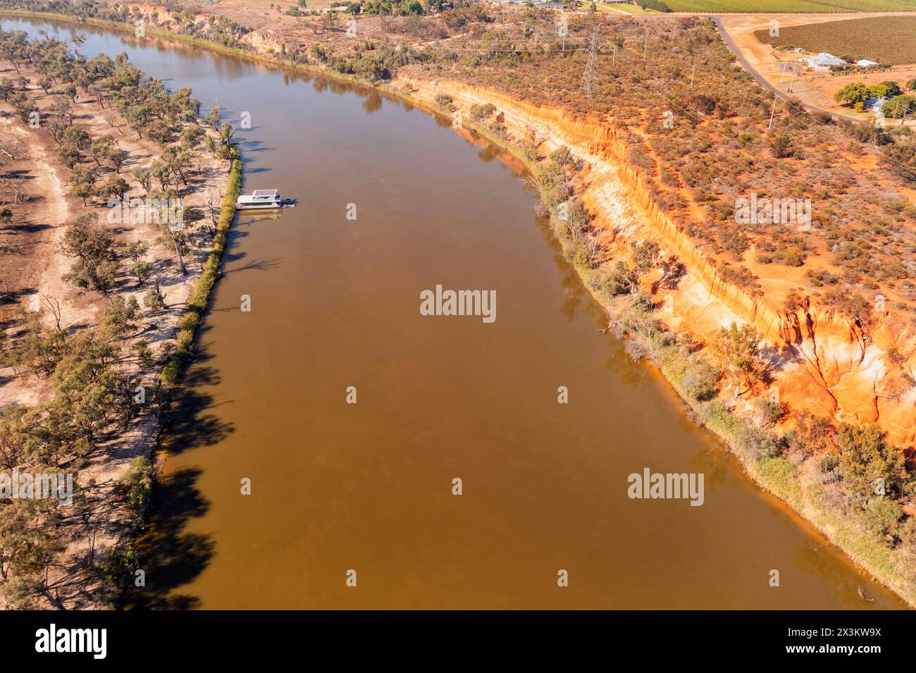 Aerial top down view of Murray river stream at Red Cliffs in Victoria and NSW, Austalia. Stock Photo