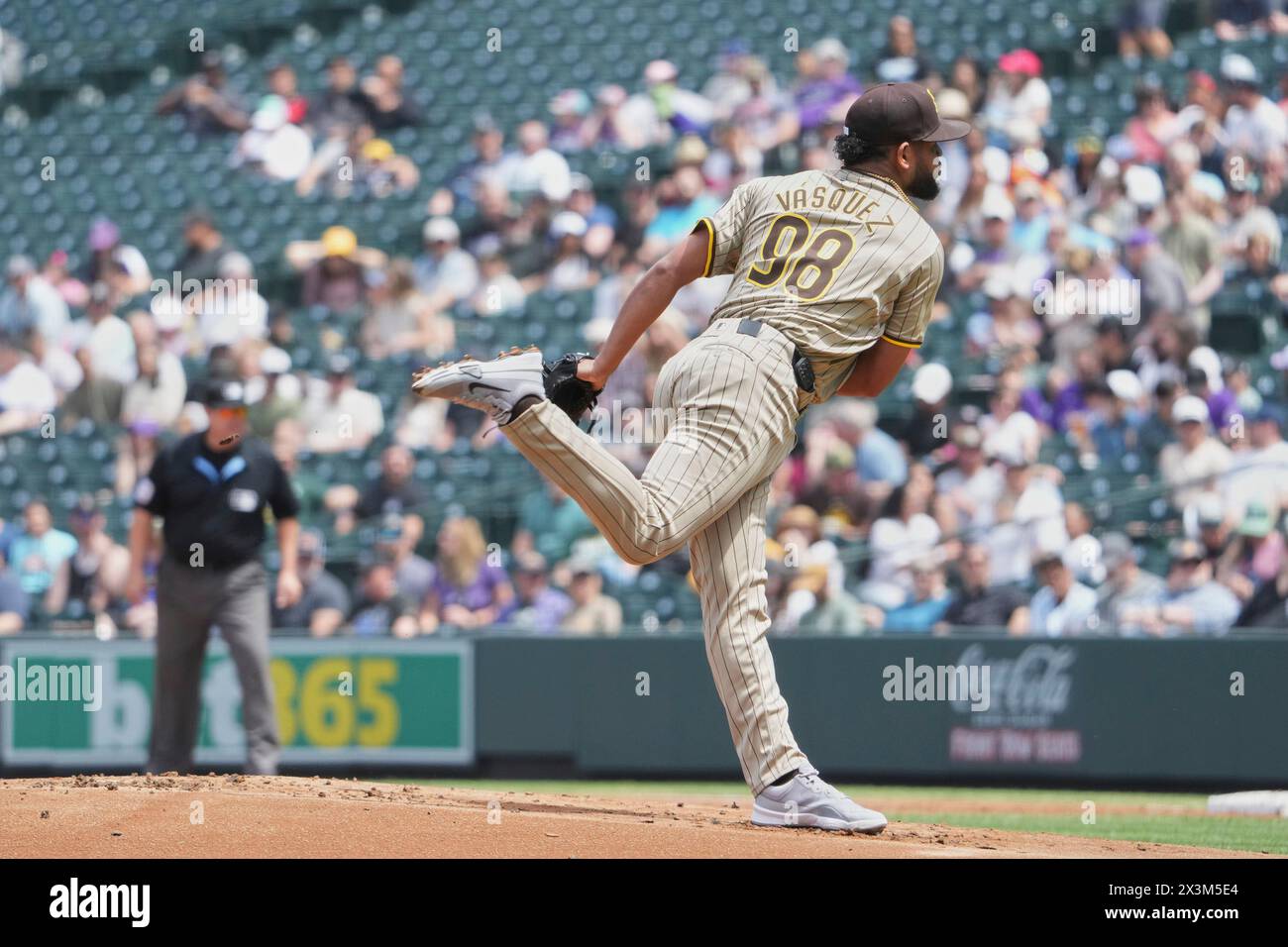 Denver CO, USA. 25th Apr, 2024. San Diego pitcher Randy Vasquez (98) throws a pitch during the San Diego and Colorado Rockies game held at Coors Field in Denver Co. David Seelig/Cal Sport Medi(Credit Image: © David Seelig/Cal Sport Media/Cal Sport Media) (Credit Image: © David Seelig/Cal Sport Media/Cal Sport Media). Credit: csm/Alamy Live News Stock Photo