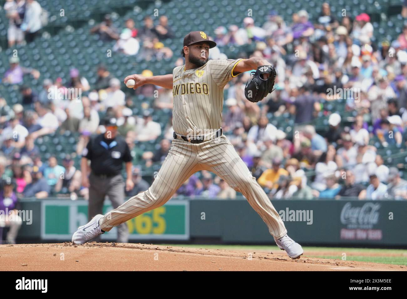 Denver CO, USA. 25th Apr, 2024. San Diego pitcher Randy Vasquez (98) throws a pitch during the San Diego and Colorado Rockies game held at Coors Field in Denver Co. David Seelig/Cal Sport Medi. Credit: csm/Alamy Live News Stock Photo