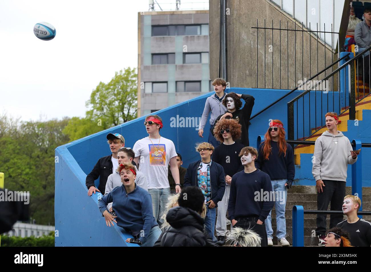 Cardiff, UK. 27th Apr, 2024. Rugby supporters in fancy dress. United Rugby Championship, Cardiff Rugby v Edinburgh Rugby at the Cardiff Arms Park in Cardiff, Wales on Saturday 27th April 2024. pic by Andrew Orchard/Andrew Orchard sports photography/Alamy Live news Credit: Andrew Orchard sports photography/Alamy Live News Stock Photo