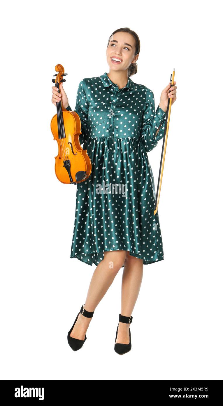 Beautiful woman with violin on white background Stock Photo - Alamy