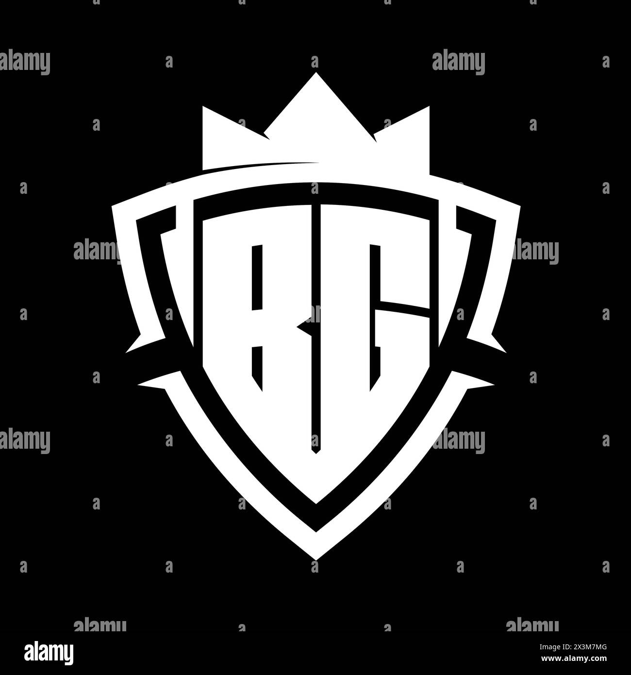 BG Letter bold monogram with triangle curve shield shape with crown white and black background color design template Stock Photo