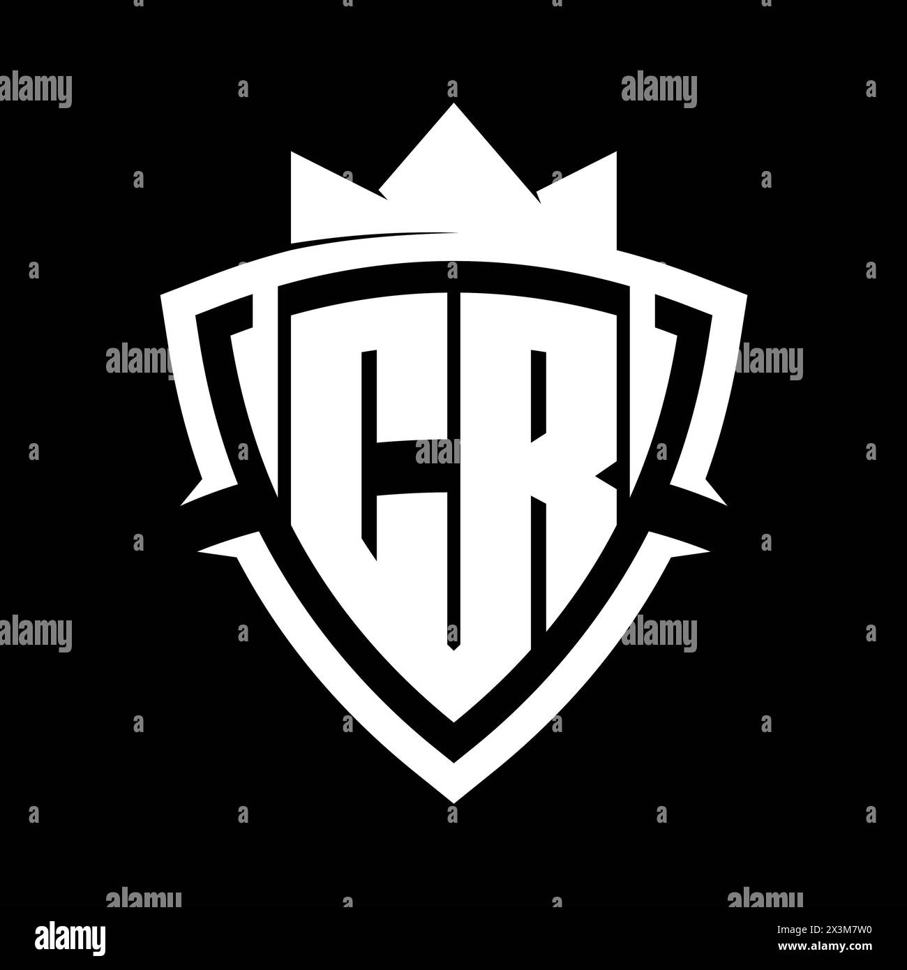 CR Letter bold monogram with triangle curve shield shape with crown white and black background color design template Stock Photo