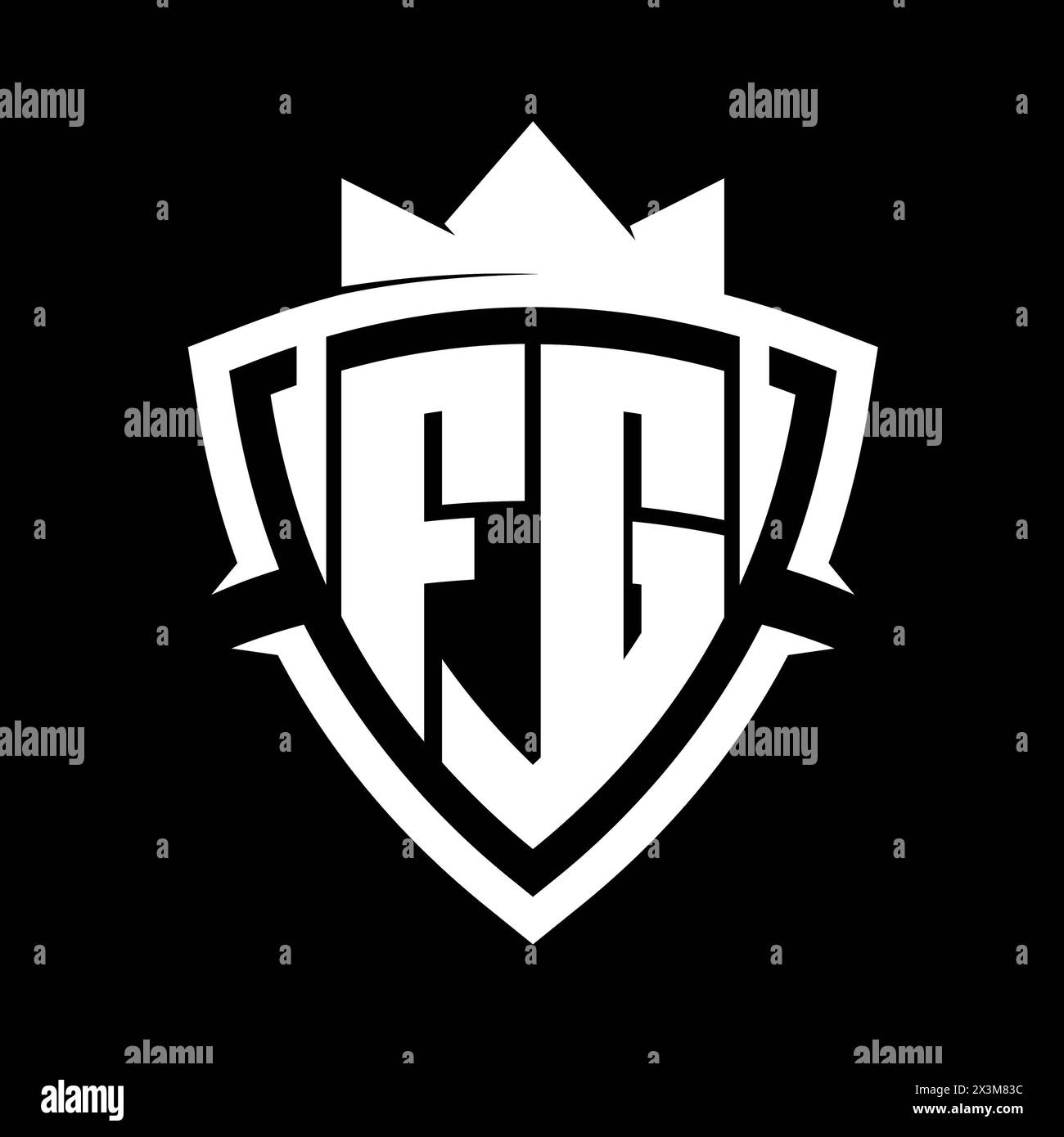 FG Letter bold monogram with triangle curve shield shape with crown white and black background color design template Stock Photo