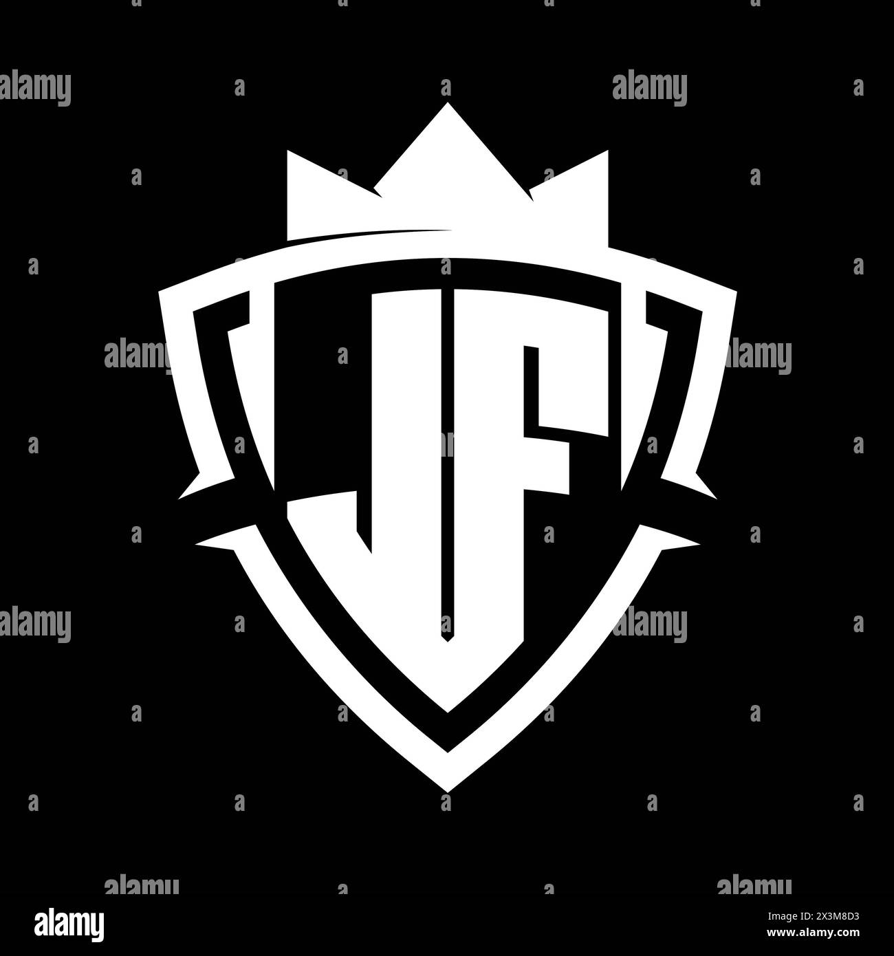 JF Letter bold monogram with triangle curve shield shape with crown white and black background color design template Stock Photo