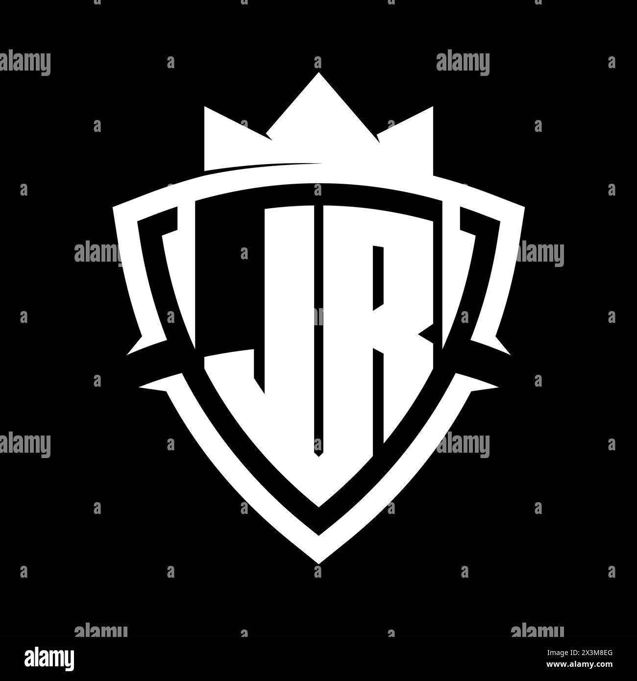 JR Letter bold monogram with triangle curve shield shape with crown white and black background color design template Stock Photo