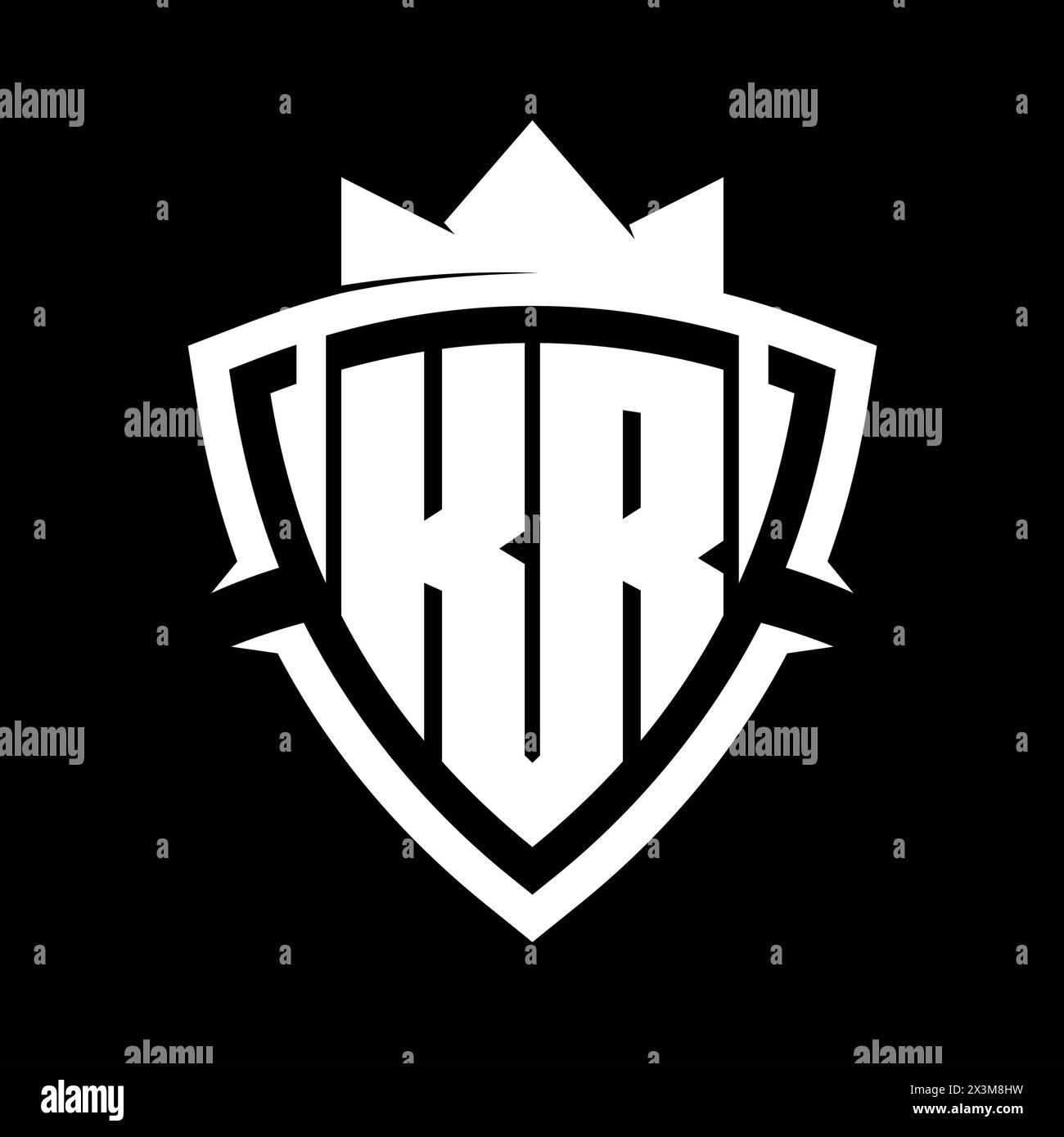 KR Letter bold monogram with triangle curve shield shape with crown white and black background color design template Stock Photo
