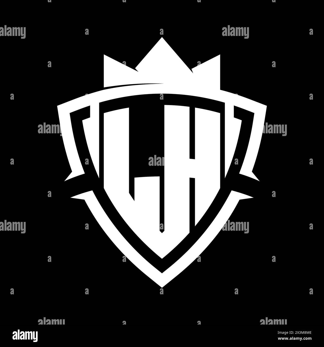 LH Letter bold monogram with triangle curve shield shape with crown white and black background color design template Stock Photo