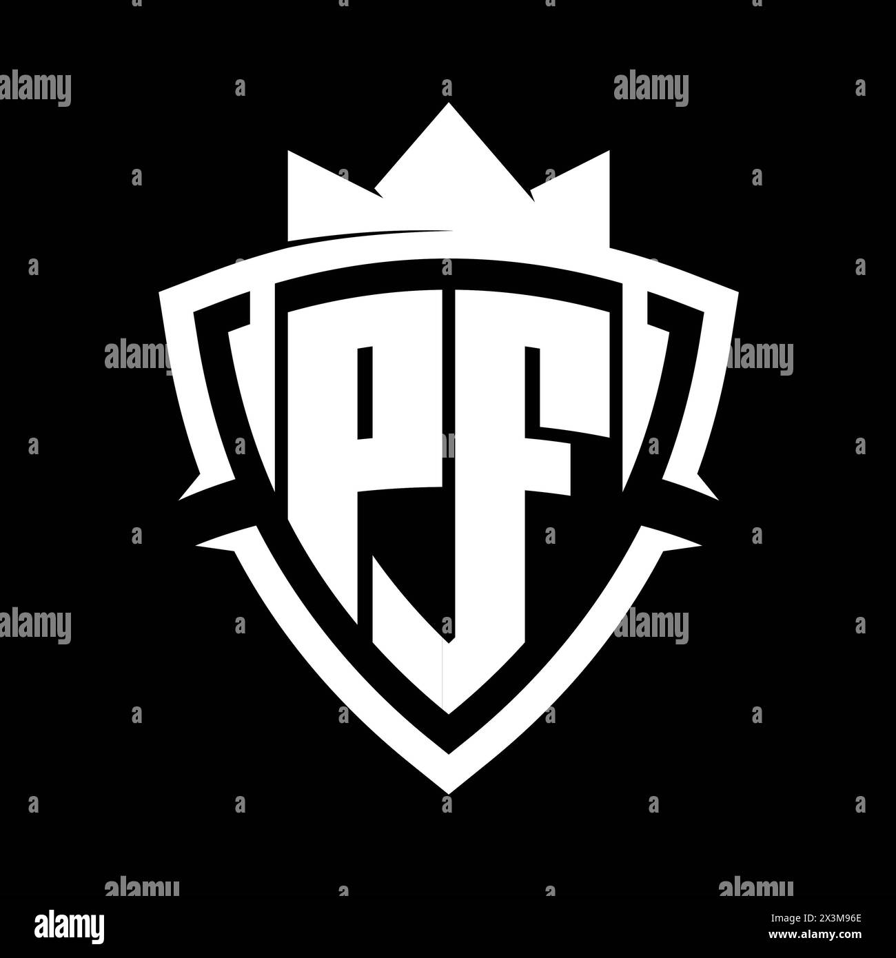 PF Letter bold monogram with triangle curve shield shape with crown white and black background color design template Stock Photo