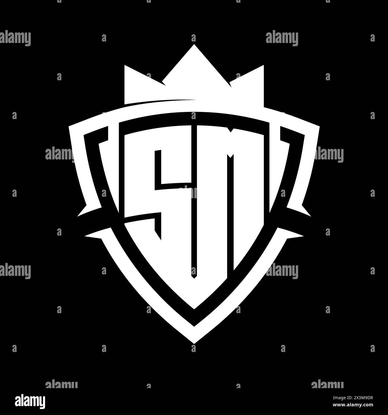 SM Letter bold monogram with triangle curve shield shape with crown white and black background color design template Stock Photo