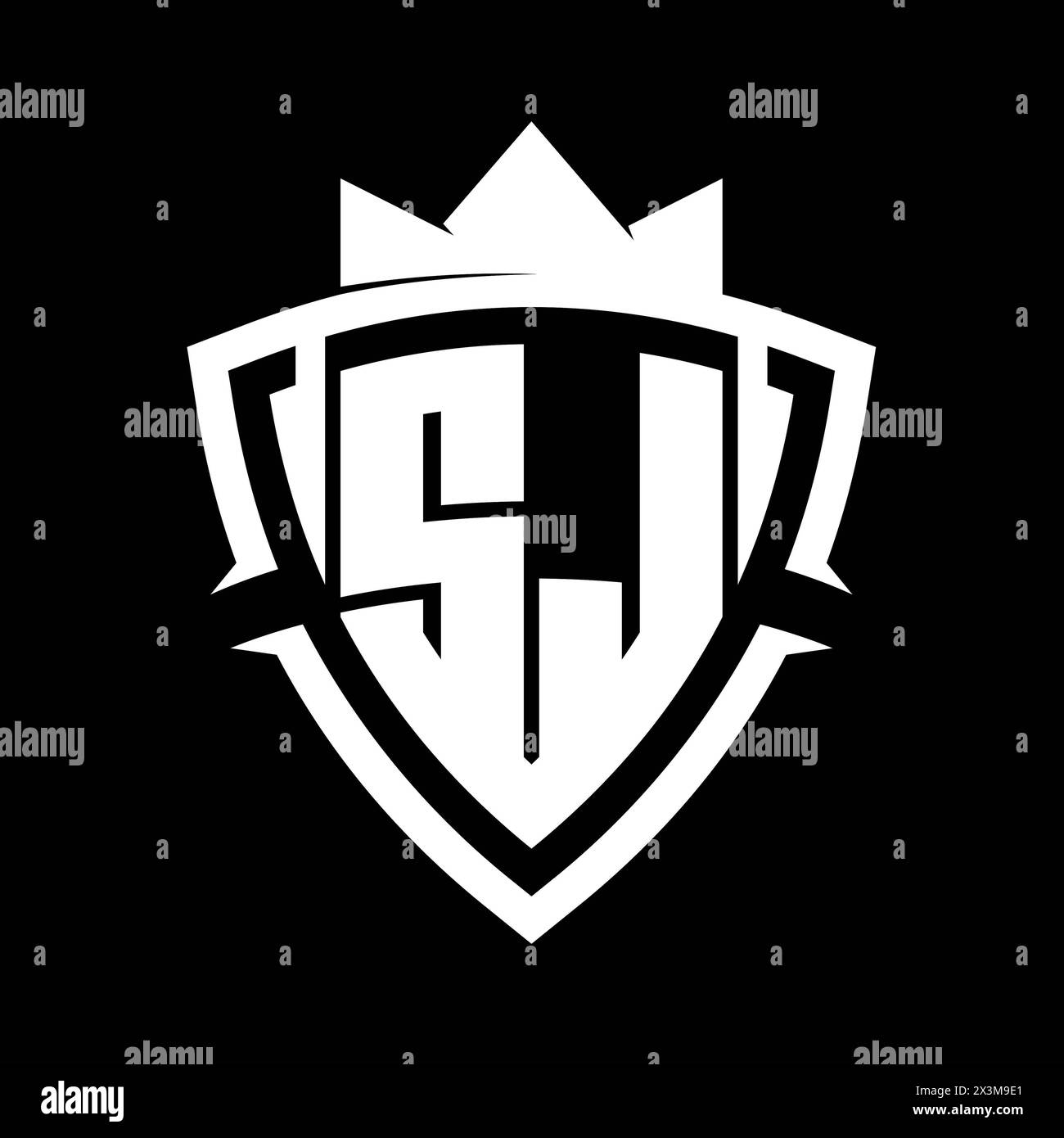 SJ Letter bold monogram with triangle curve shield shape with crown white and black background color design template Stock Photo