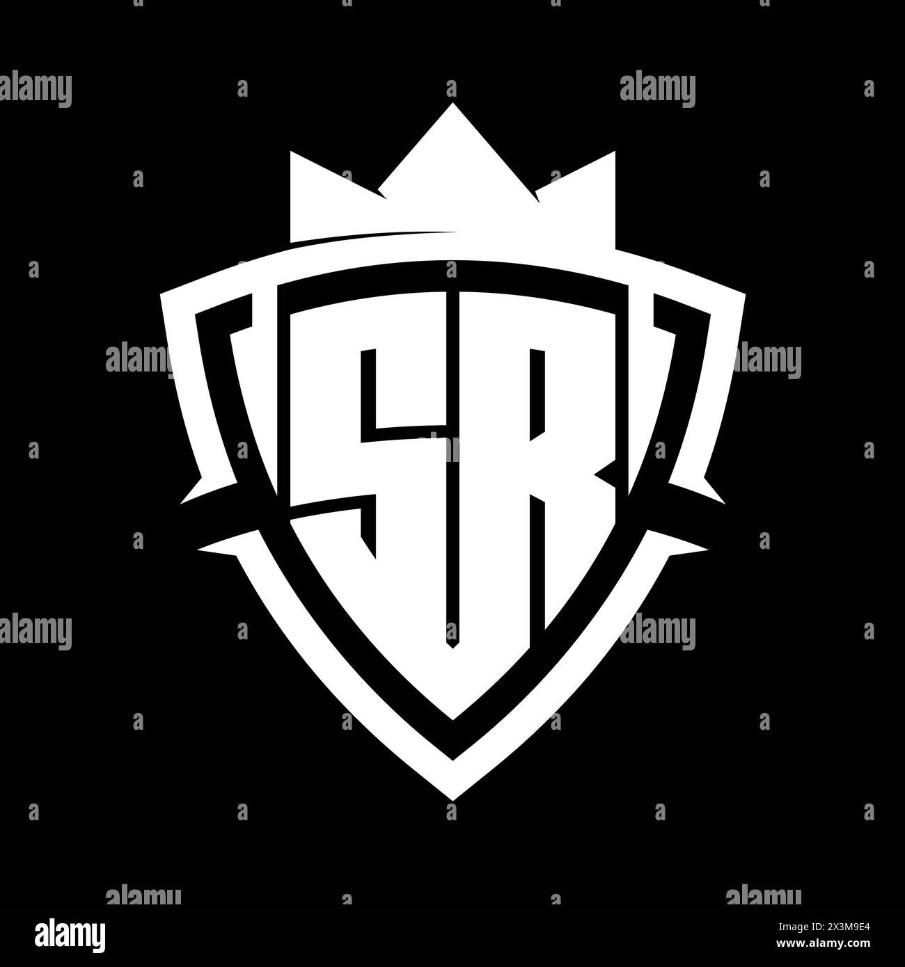 SR Letter bold monogram with triangle curve shield shape with crown white and black background color design template Stock Photo