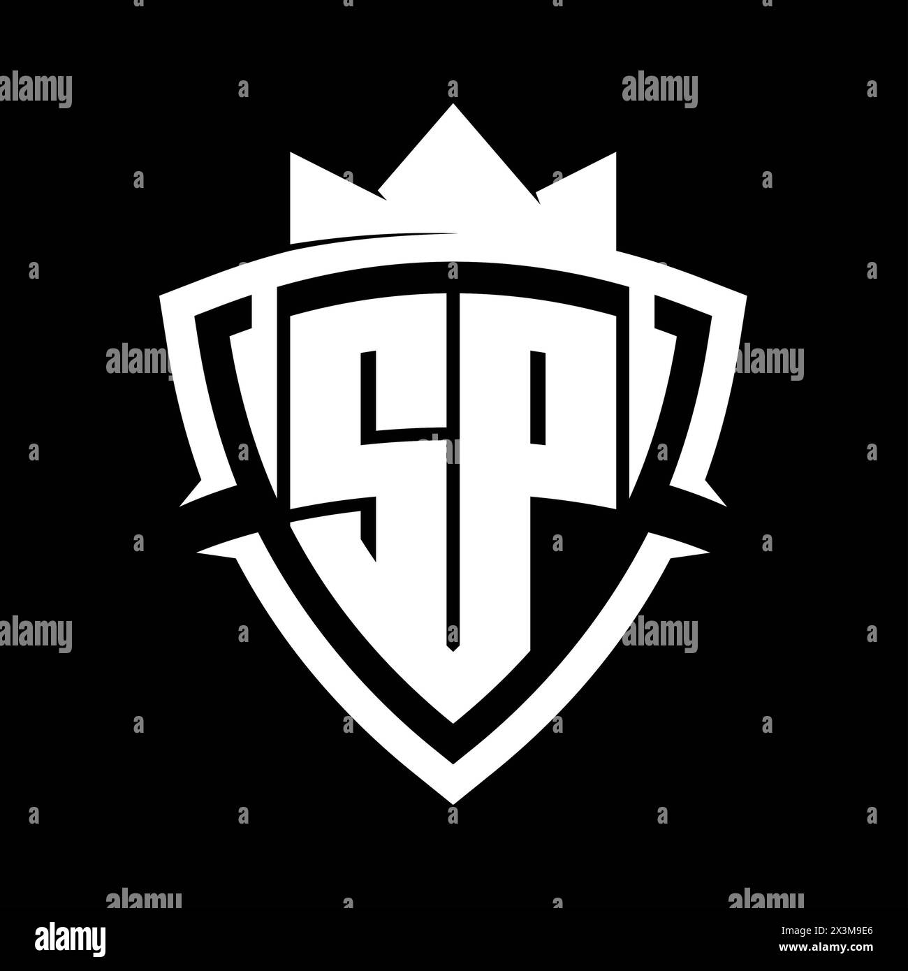 SP Letter bold monogram with triangle curve shield shape with crown white and black background color design template Stock Photo