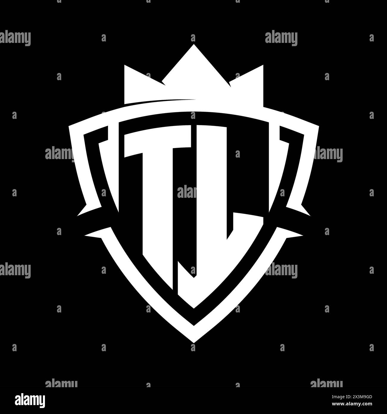 TL Letter bold monogram with triangle curve shield shape with crown white and black background color design template Stock Photo