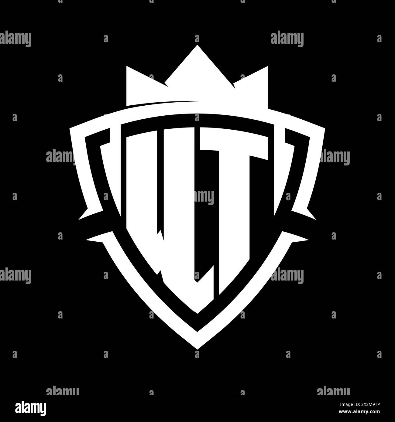 WT Letter bold monogram with triangle curve shield shape with crown white and black background color design template Stock Photo