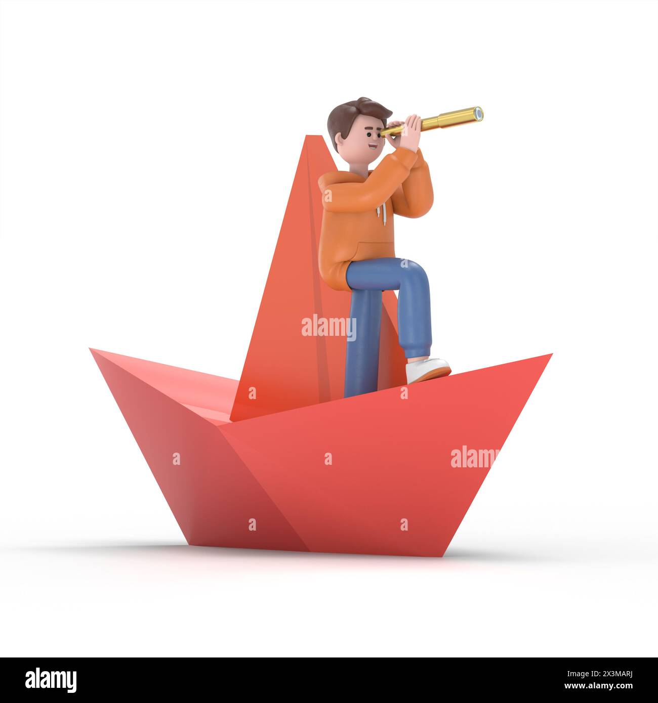 3D illustration of smiling male guy Qadir.Direction of business and management. Paper boat, Ship on water, Flat business cartoon, Leadership concept.3 Stock Photo