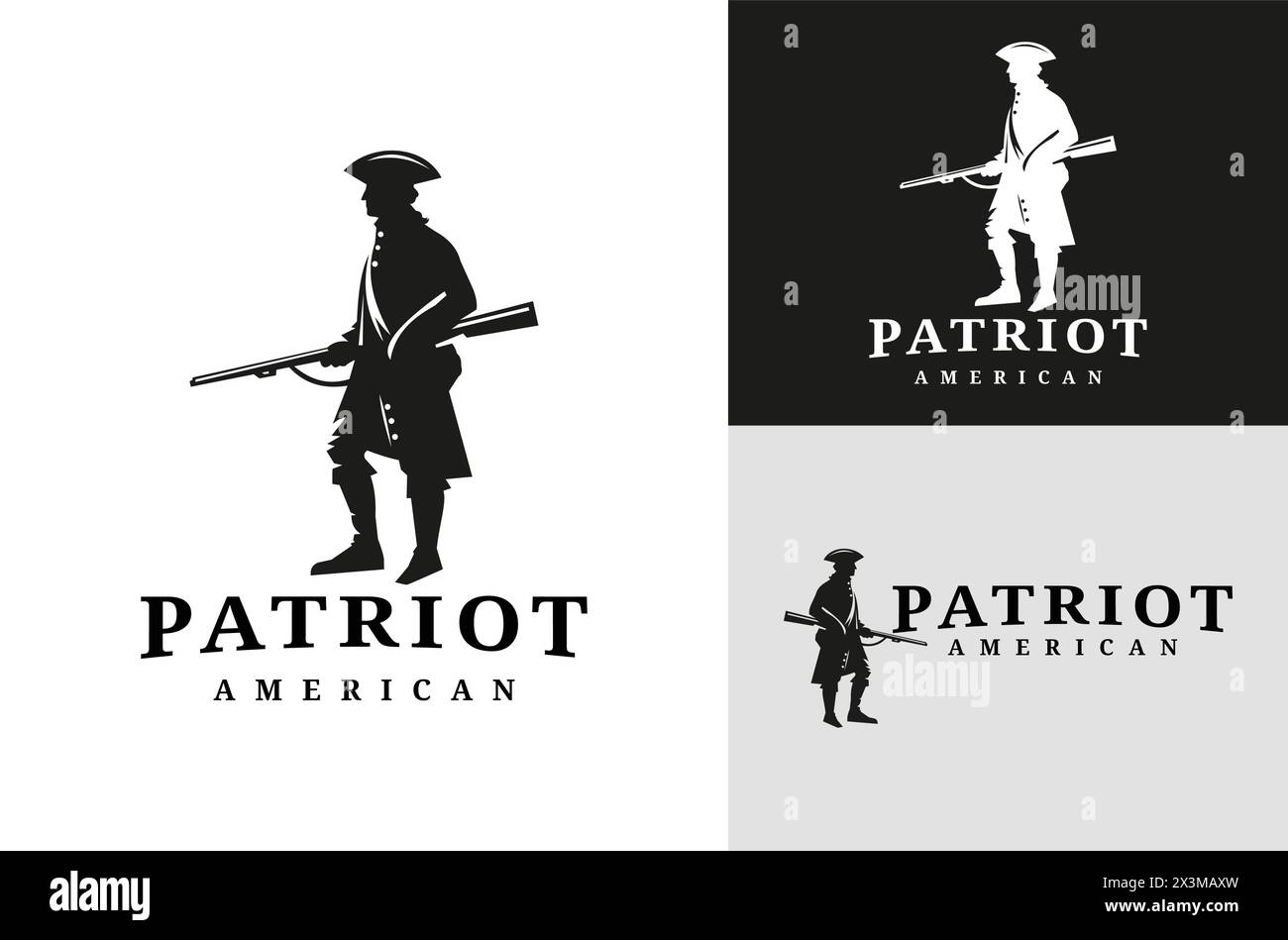Classic American Patriot Silhouette. Vintage Illustration Design of United States Revolutionary War Soldiers on a black and white background Stock Vector