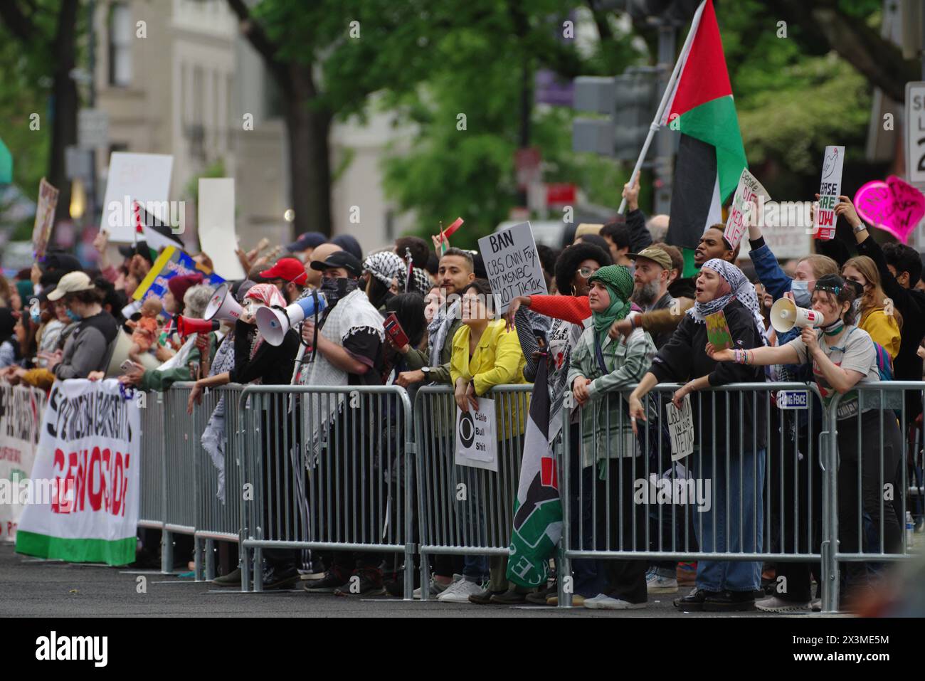 Washington, DC, USA. 27 Apr 2024. Pro-Palestinian protesters shout at attendees arriving at the Washington Hilton for the annual White House Correspondence Dinner. Credit: Philip Yabut/Alamy Live News Stock Photo