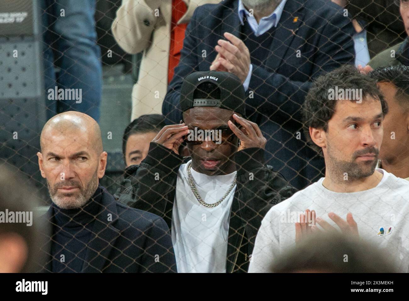 Madrid, Spain. 27th Apr, 2024. Vinicius Jr. (C) Brazilian footballer from Real Madrid seen at the Caja Magica. The Spanish tennis player Rafael Nadal defeated the Australian Álex de Miñaur at the Mutua Madrid Tenos Open with partial scores of 7-6 and 6-3. The Spaniard's victory is worth him to face the Argentine Pedro Cachín on Monday. Credit: SOPA Images Limited/Alamy Live News Stock Photo