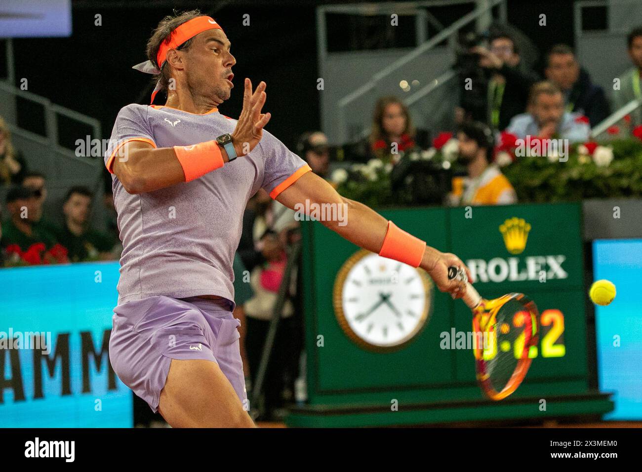 Madrid, Spain. 27th Apr, 2024. Rafael Nadal plays against Álex de Miñaur (not pictured) at the Caja Magica. The Spanish tennis player Rafael Nadal defeated the Australian Álex de Miñaur at the Mutua Madrid Tenos Open with partial scores of 7-6 and 6-3. The Spaniard's victory is worth him to face the Argentine Pedro Cachín on Monday. Credit: SOPA Images Limited/Alamy Live News Stock Photo