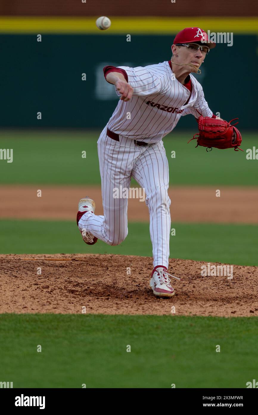 April 27, 2024: Razorback pitcher Jake Faherty #37 releases the ball towards the plate. Florida defeated Arkansas 9-5 in Fayetteville, AR. Richey Miller/CSM Stock Photo